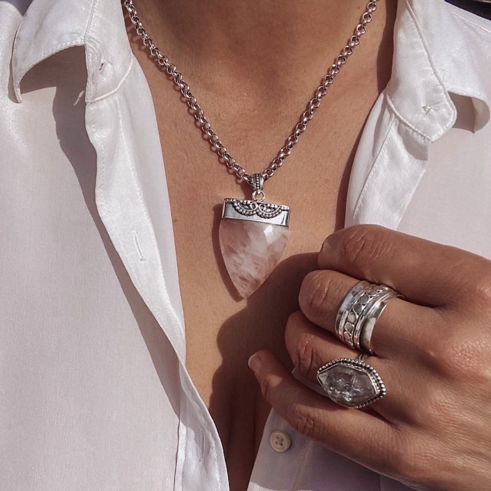 Large rose quartz crystal necklace
